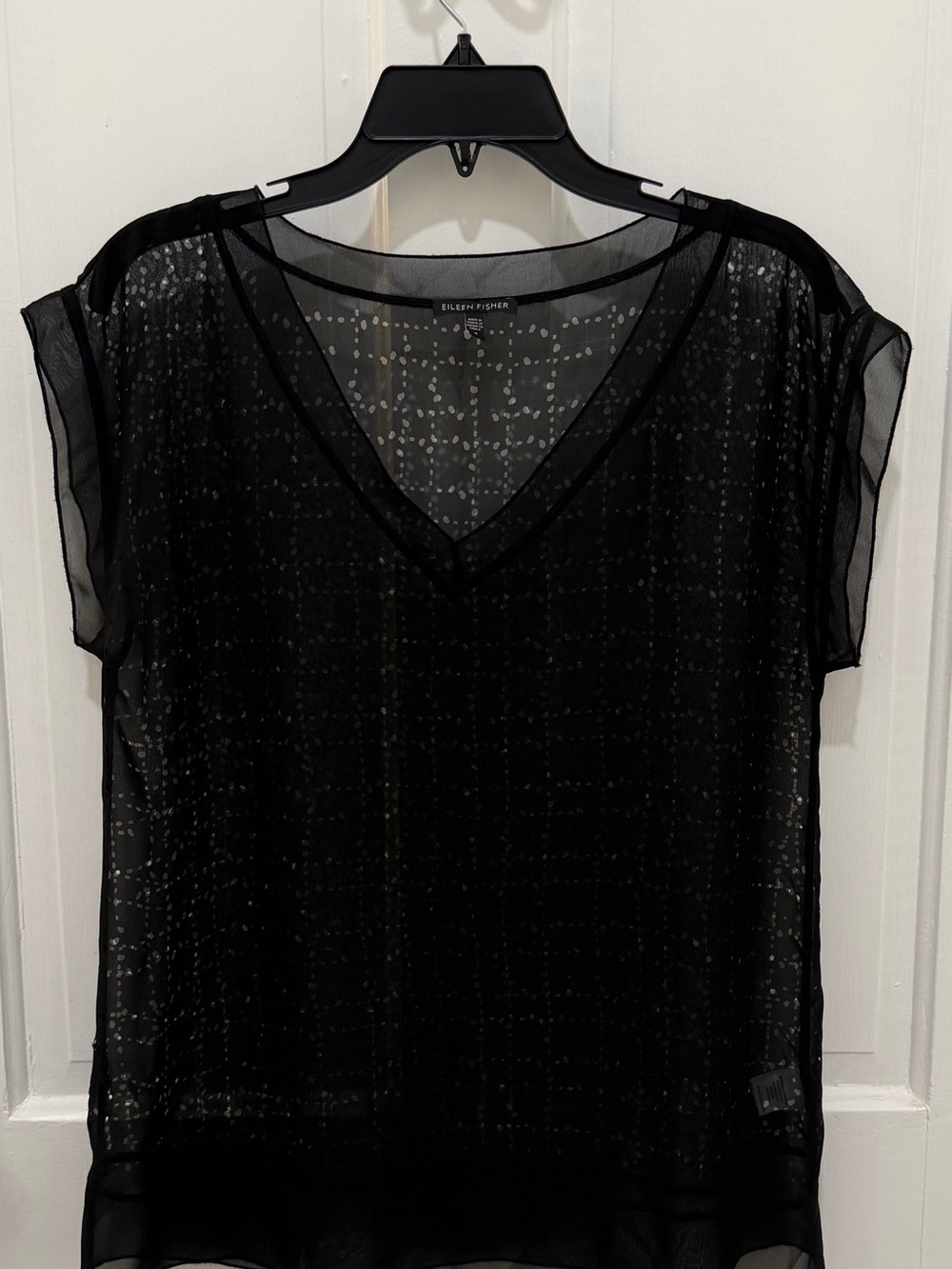 Eileen Fisher Black Sheer V-Neck Dot-Print Top